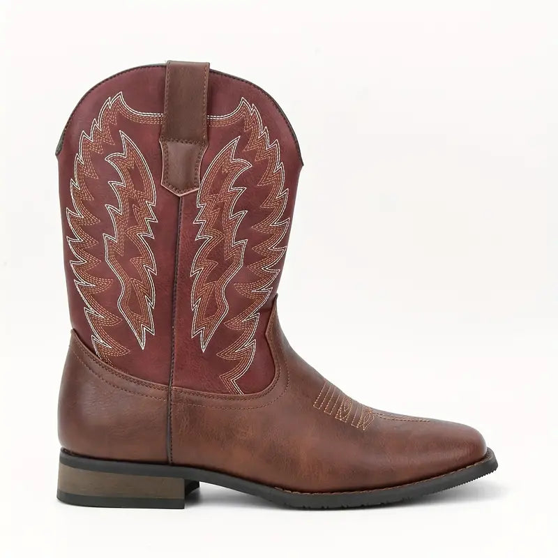 Herren-Roper-Stiefel mit quadratischer Zehenpartie, Western-Cowboystiefel, bestickte Roper-Stiefel bis zur Mitte der Wade