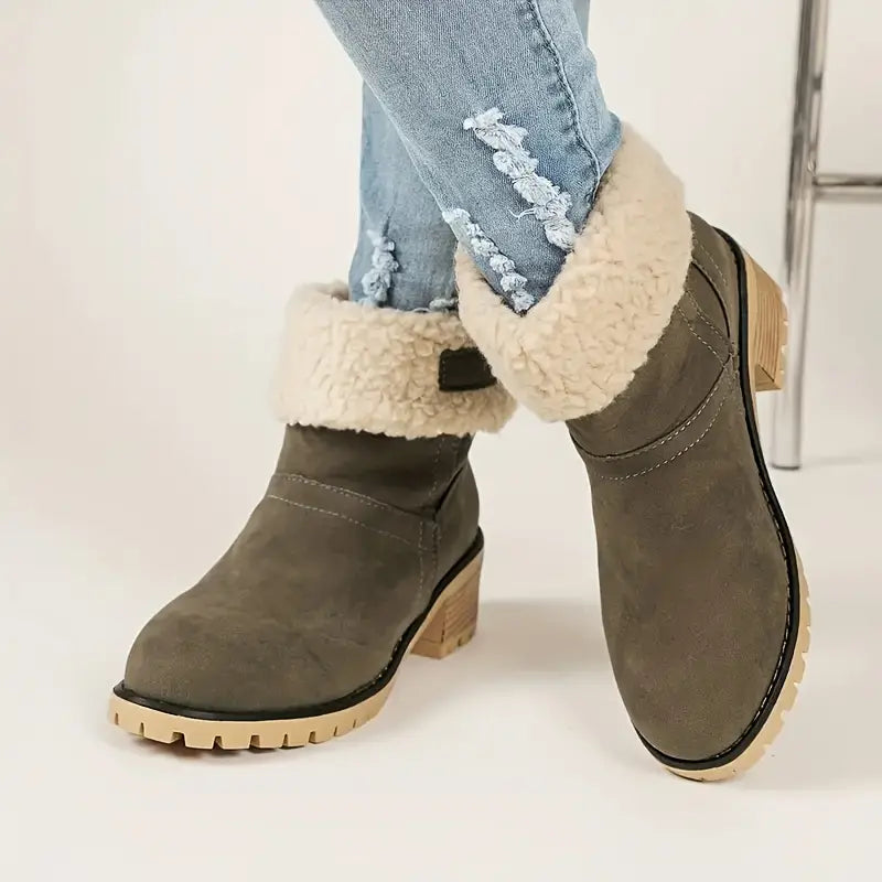Women's Chunky Heel Boots - Solid Color, Slip-On, Plush Lined Winter Ankle Boots
