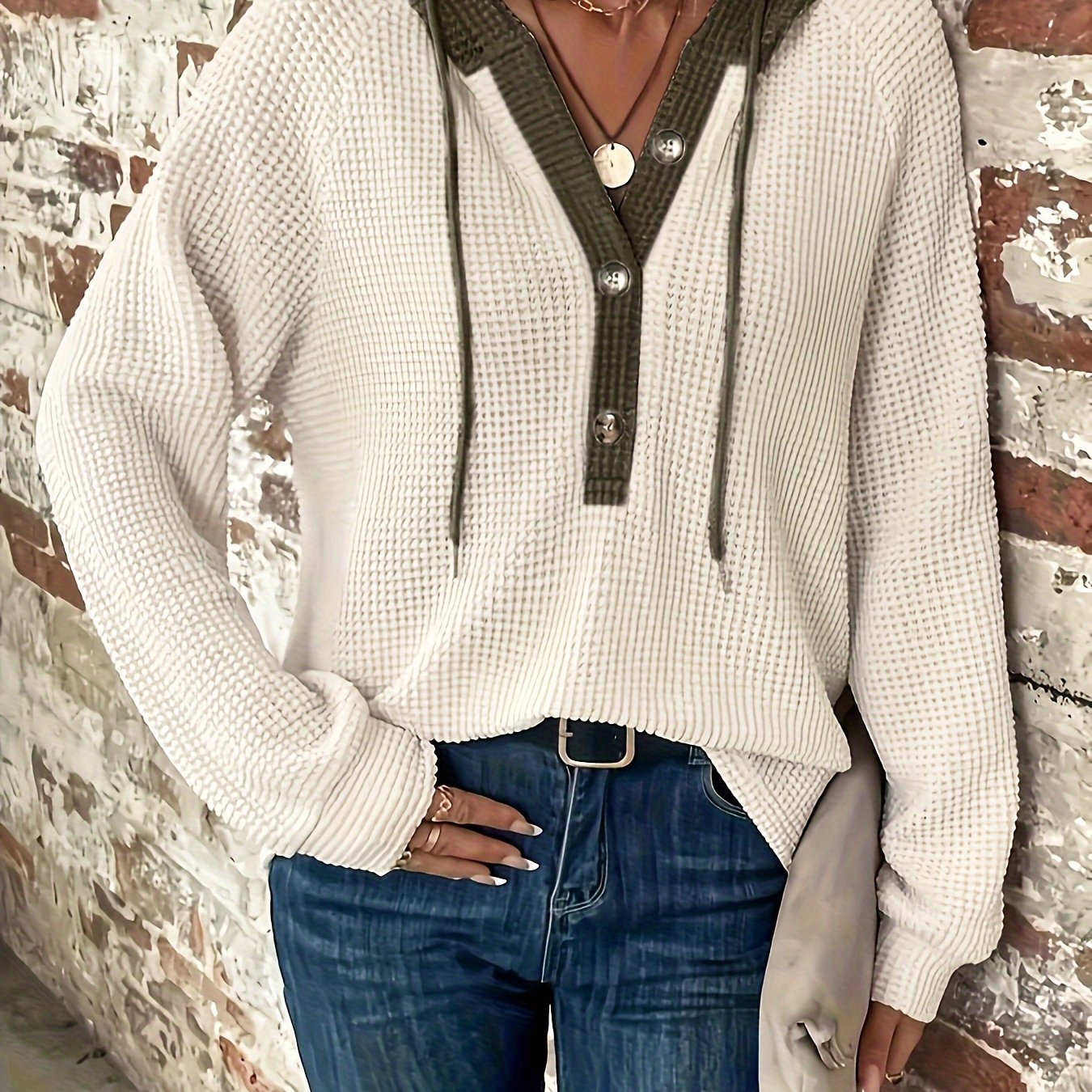 Color Block Hoodie, Button Front, Long Sleeve, Casual Sweatshirt for Women.