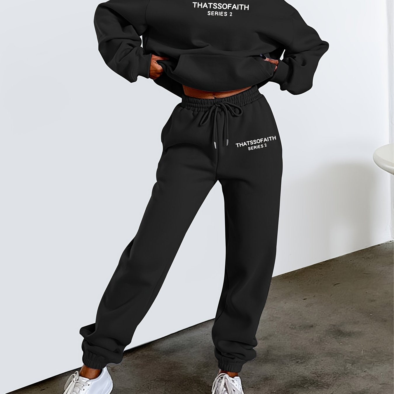 Letter Print Casual Two-piece Set, Hooded Top & Jogger Pants