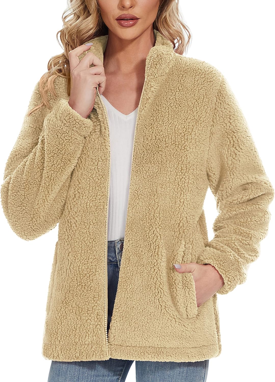 Women Sherpa Jacket Full Zip Fuzzy Teddy Coat with Pockets Fleece Lined Warm Winter Casual Outfits