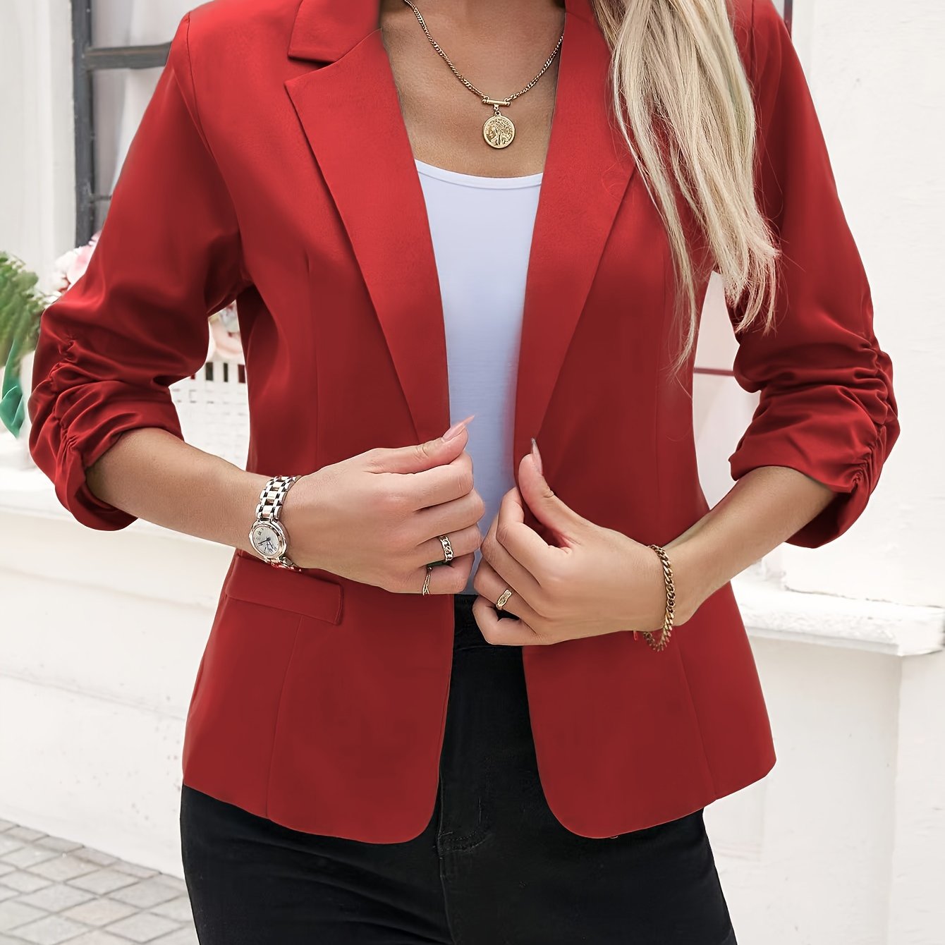 Button Front Lapel Tunic Blazer, Elegant Solid Color Long Sleeve Blazer For Office & Work, Women's Clothing