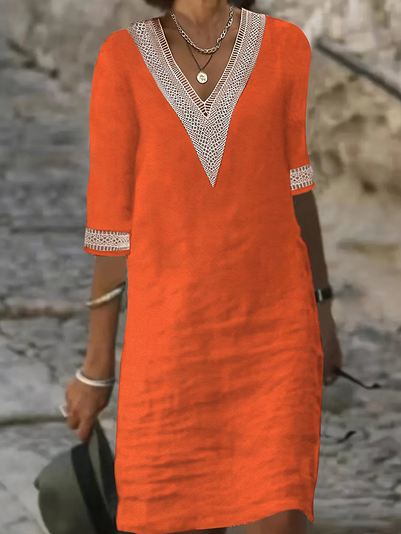 Guipure Lace V-Neck Dress, Casual Short Sleeve for Spring & Summer.