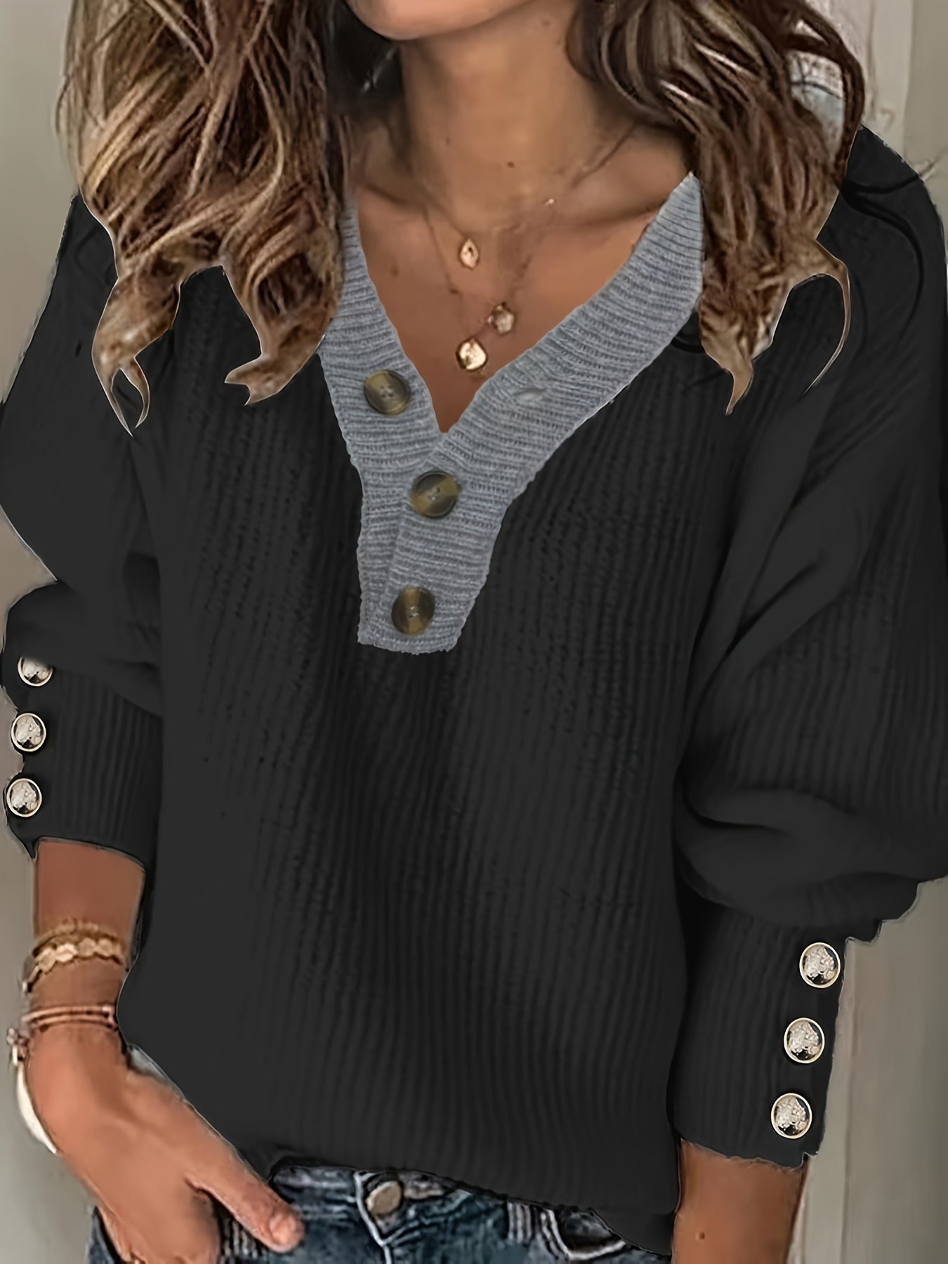 V-Neck Women's Sweater, Button Detail, Knit Polyester, Fall/Winter