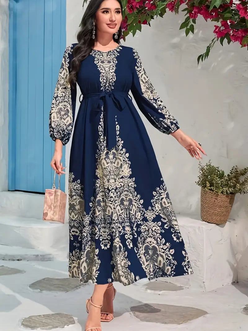 Ramadan Print Kaftan – Elegant Tie-Waist Maxi Dress