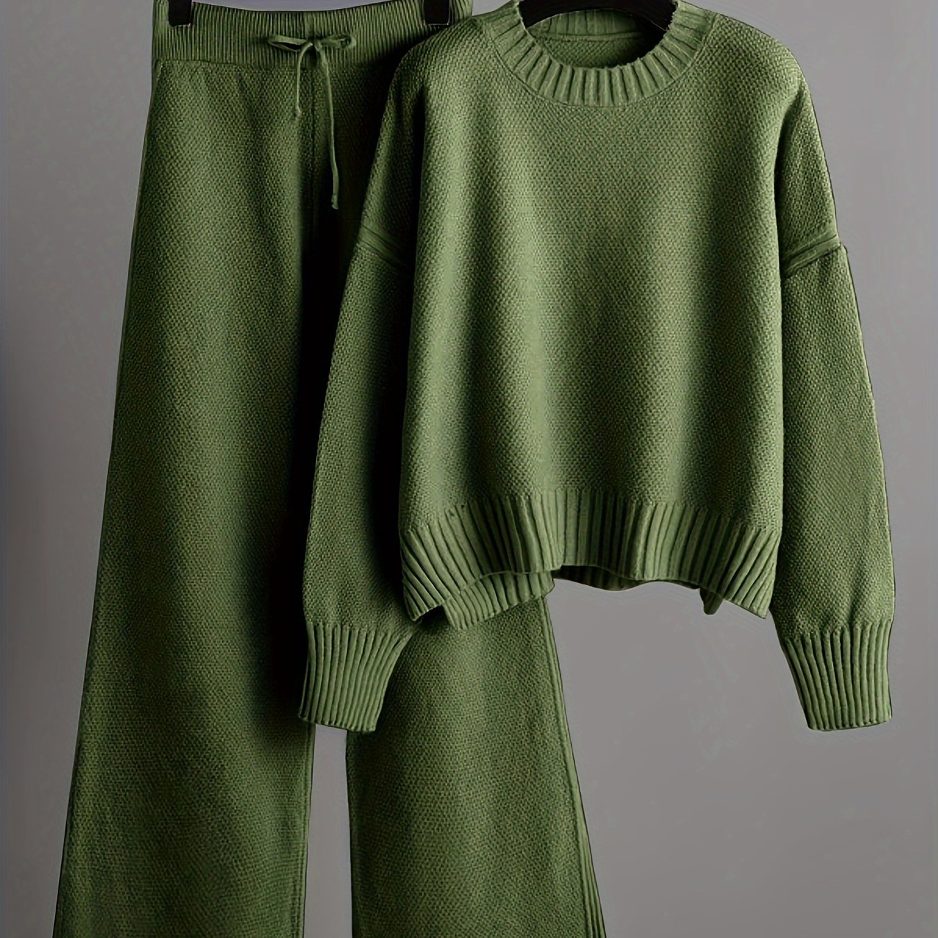 Damen-Set aus Strickpullover und Hose mit weitem Bein – lässig, langärmlig, einfarbig