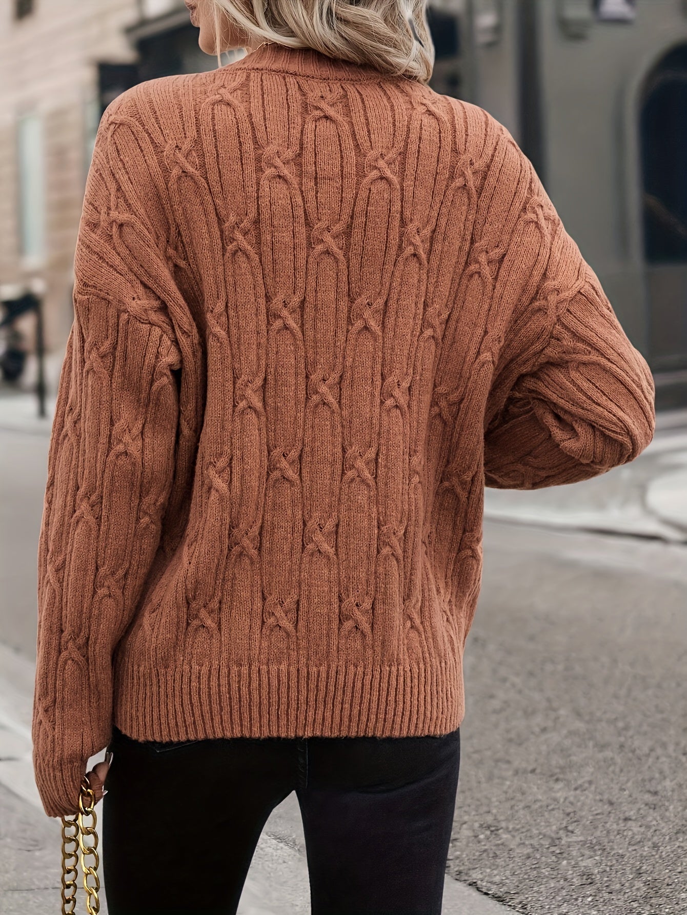 V-Neck Cable Knit Sweater, Casual Long Sleeve for Fall & Spring