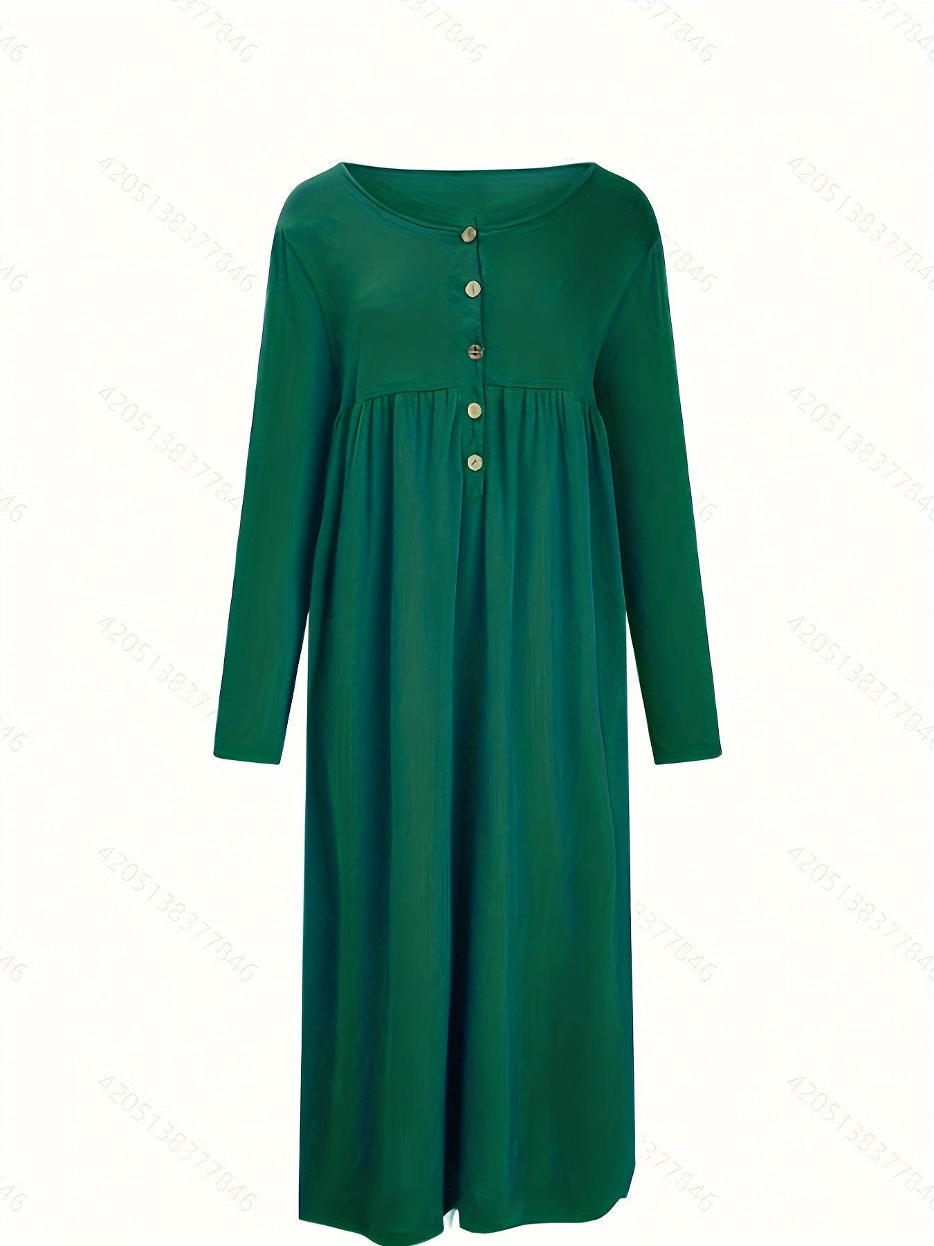 Vestido midi com botões frontais, manga comprida, bolsos e bainha com babados.