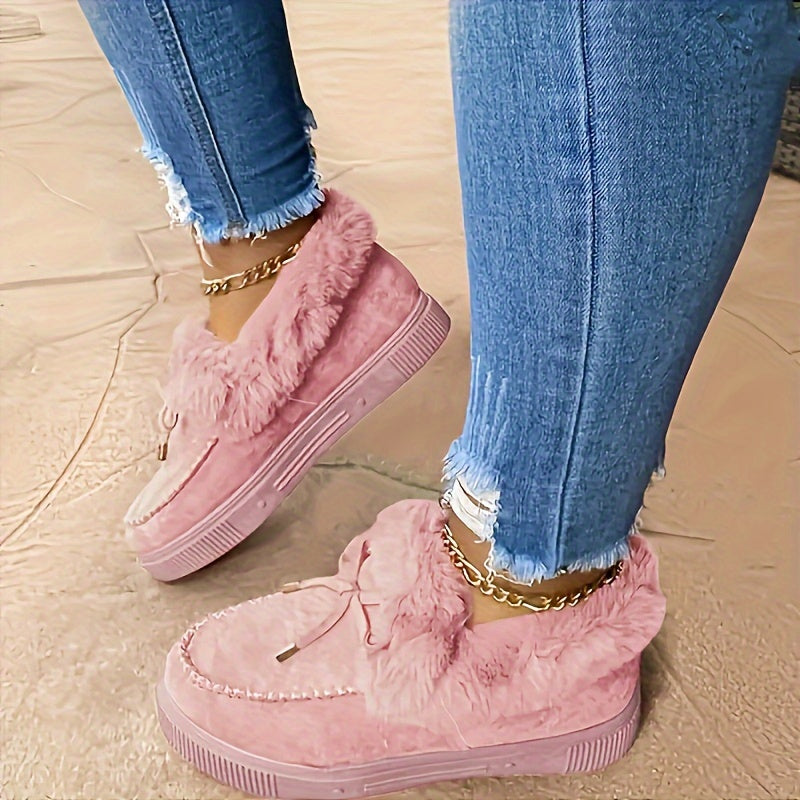 Botas femininas de inverno, cor sólida, bico redondo, salto plataforma baixo, sem cadarço, cabedal de tecido, interior de tecido, palmilha de tecido, sola de TPR, tamanho grande, quente, pelúcia, botas de neve, sapatilhas femininas para mulheres