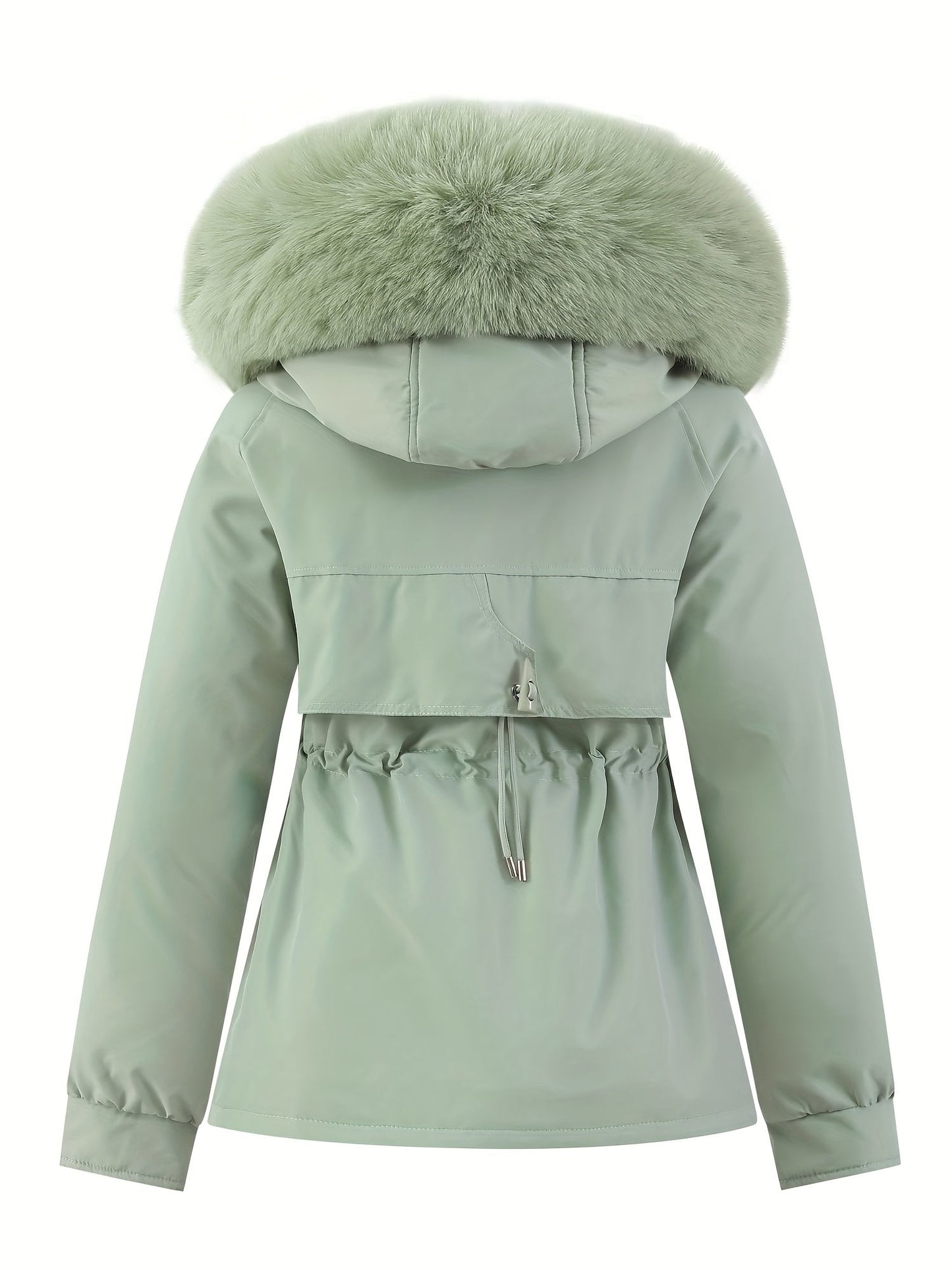 Zip-up Fuzzy Trim Hoodie Parka, Casual Drawstring Waist Winter Coat