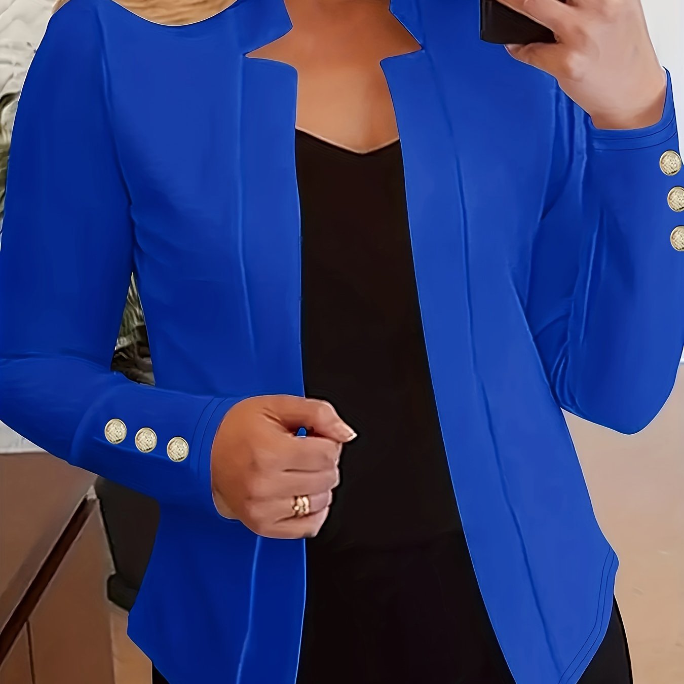 Solid Open Front Blazer, Casual Long Sleeve Button Blazer For Office & Work, Women's Clothing
