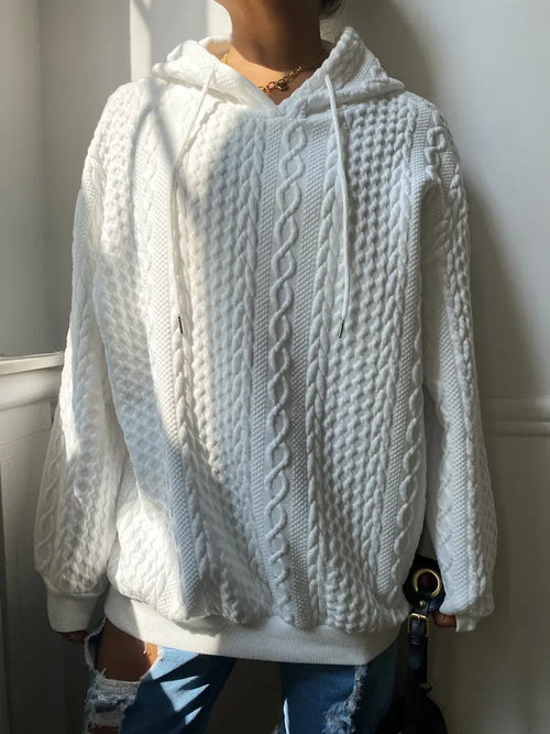 Plus Size Casual Ribbed Hoodie – Solid, Long Sleeve, Slight Stretch, Drawstring Sweatshirt
