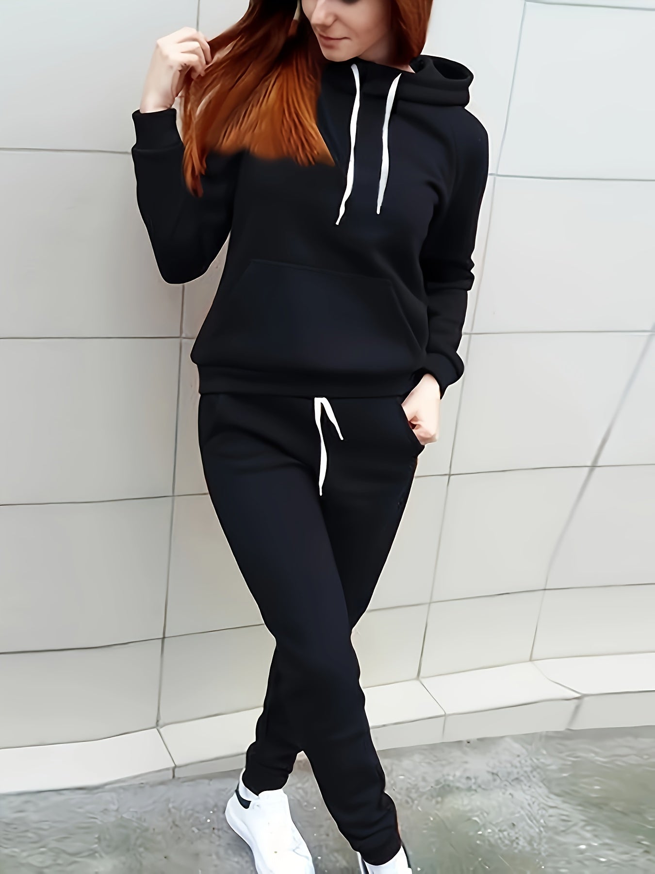 Solid Two-piece Set, Hoodie with Kangaroo Pocket & Drawstring Pants