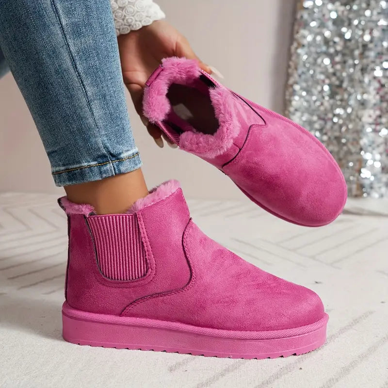 Kurze Stiefel für Damen in Volltonfarbe – Lässiger Slipper, Plüschfutter, bequeme Winterstiefel