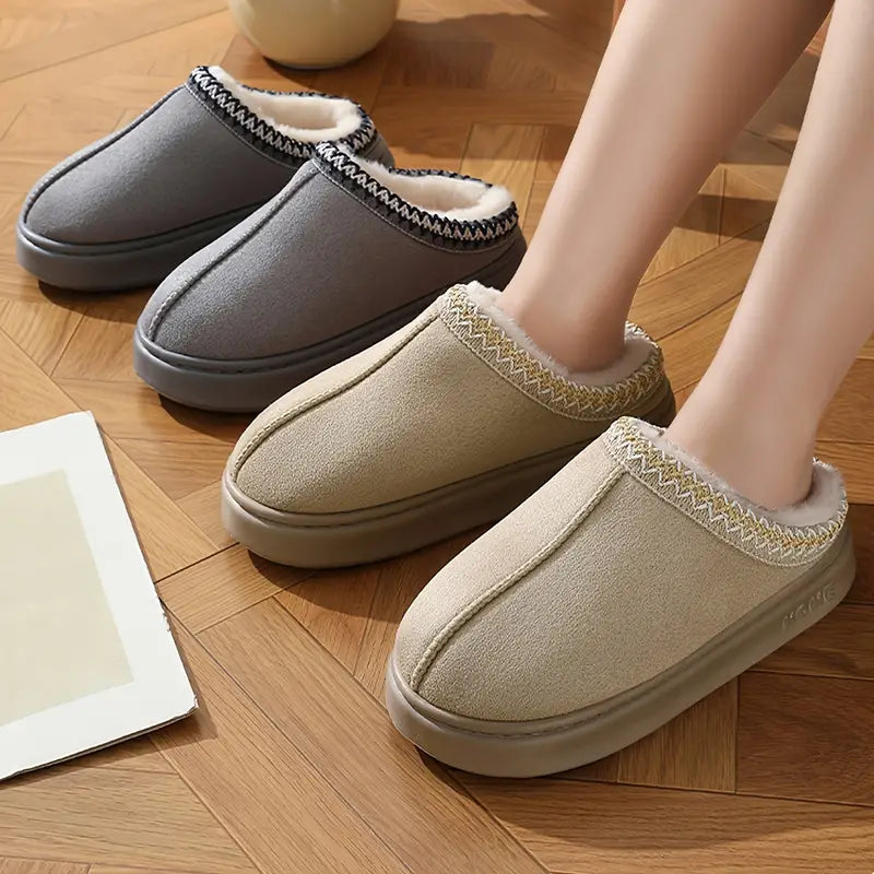 Casual Flannel Slippers - Solid Color, Lightweight, Anti-Slip EVA Sole, Warm Indoor Shoes