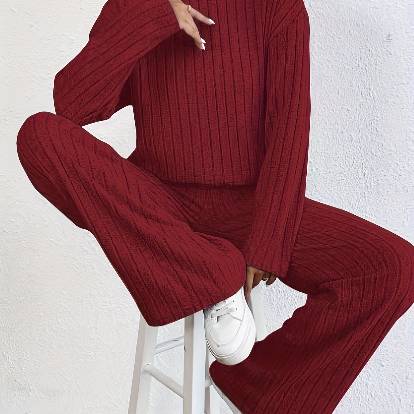 Solid Ribbed Two-piece Set, Mock Neck T-shirt & Wide Leg Pants