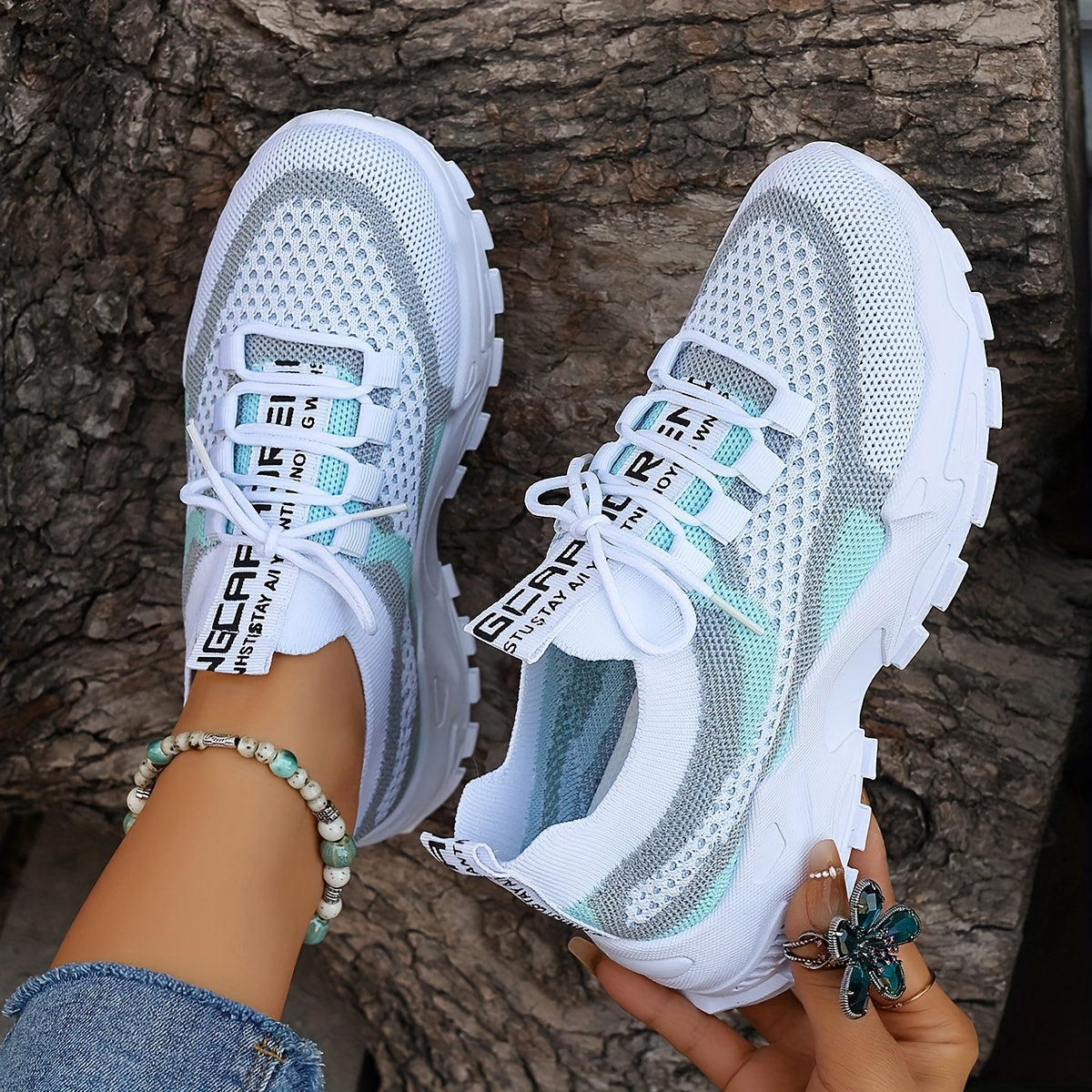 Women's Colorblock Knit Sneakers, Breathable Low Top Running Shoes (Plus Size)
