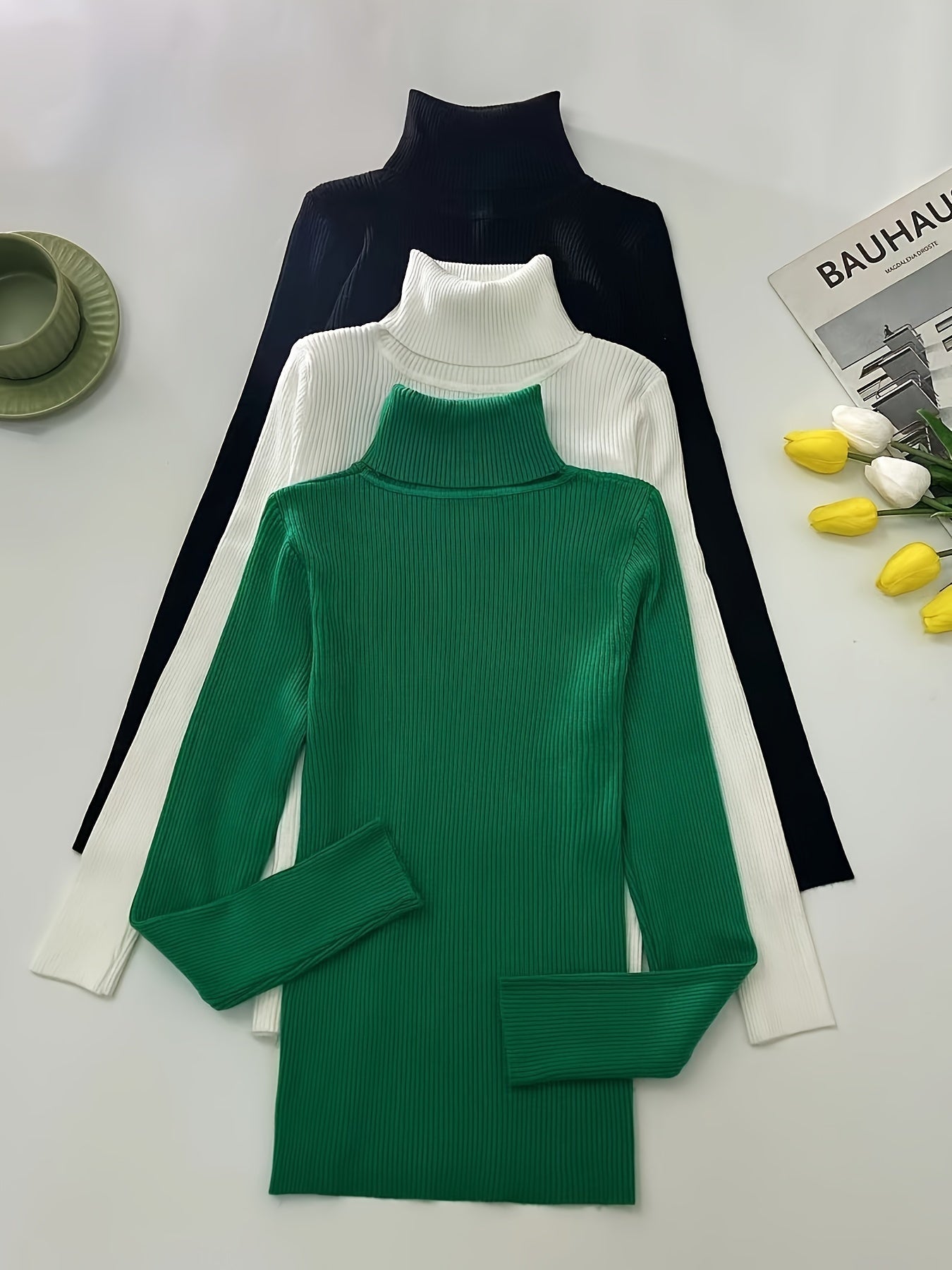 Turtleneck 3-Pack Sweaters - Casual Solid Color Long Sleeve for Fall & Winter