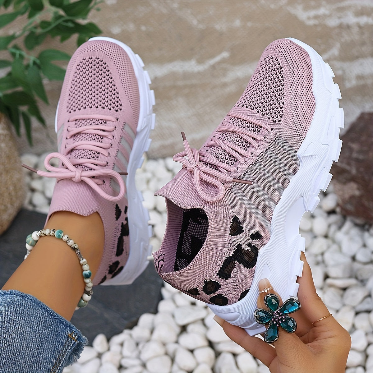 Women's Leopard Print Lace-up Running Shoes, Breathable Platform (Plus Size)