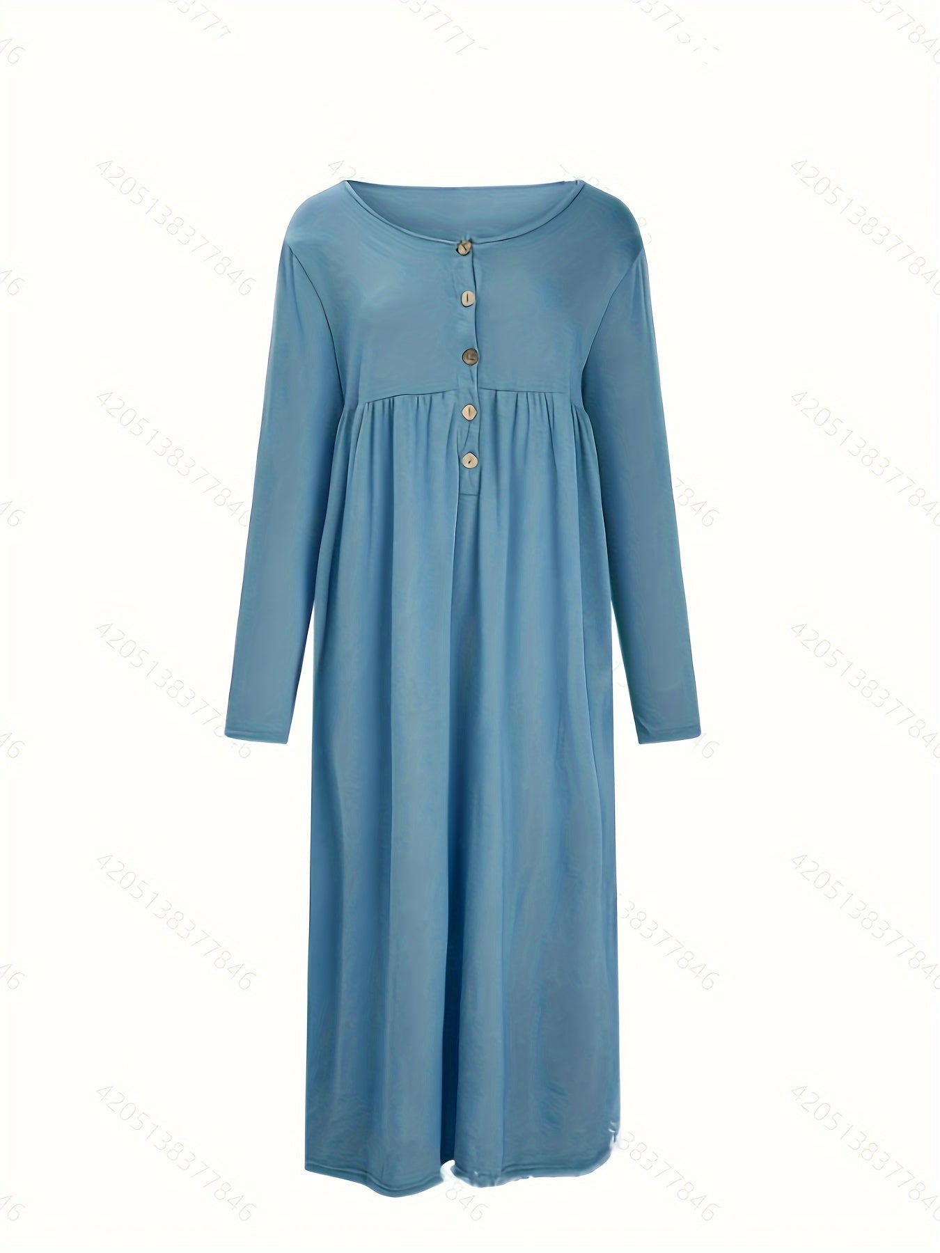 Vestido midi com botões frontais, manga comprida, bolsos e bainha com babados.