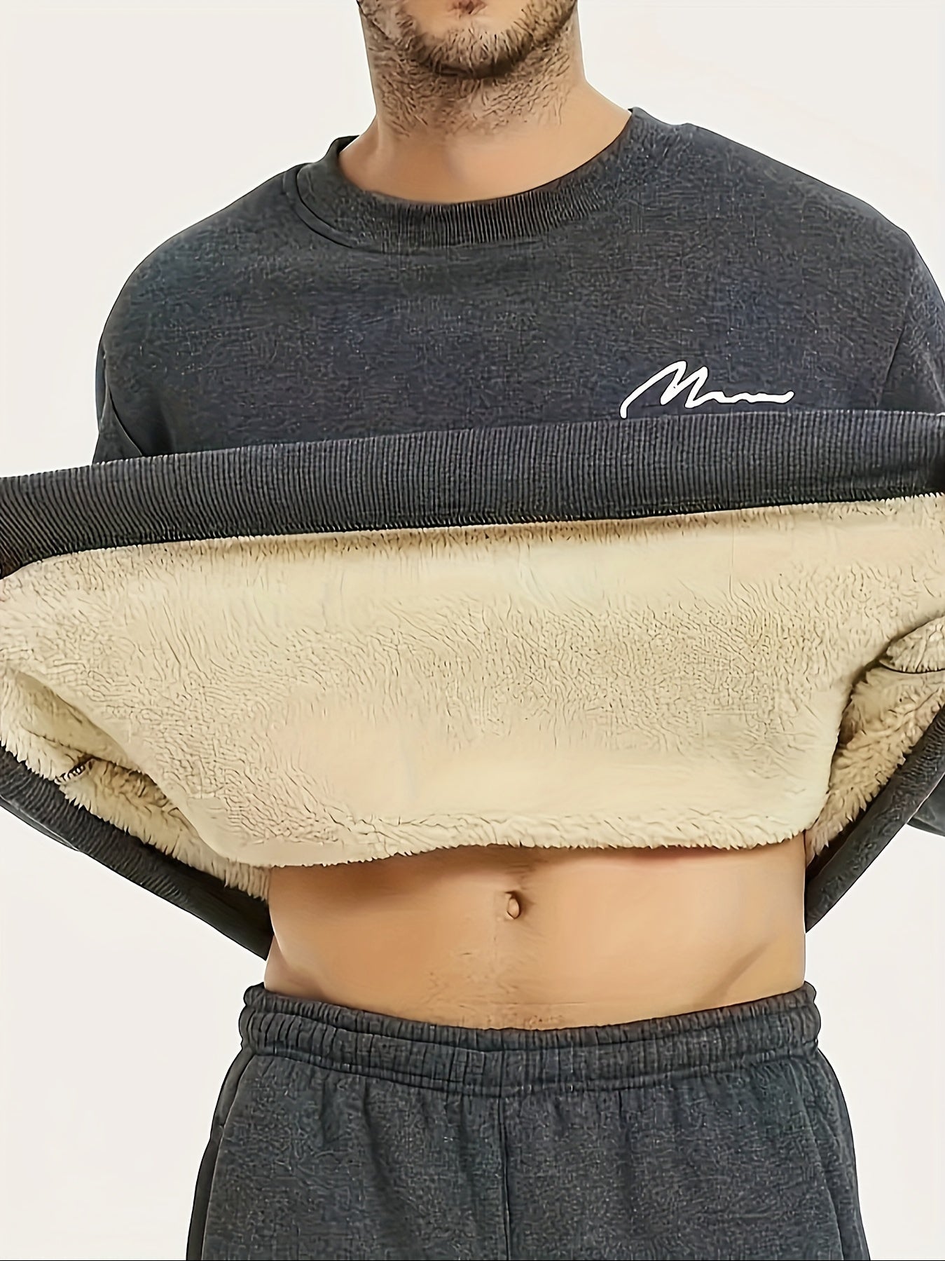 Men's Winter Fleece-Lined Sherpa Sweatshirt, Crew Neck, Casual Knit