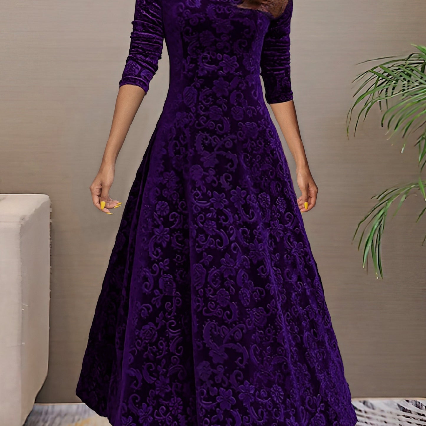 Vestido longo liso, decote em V, manga comprida, estilo elegante para primavera/outono.