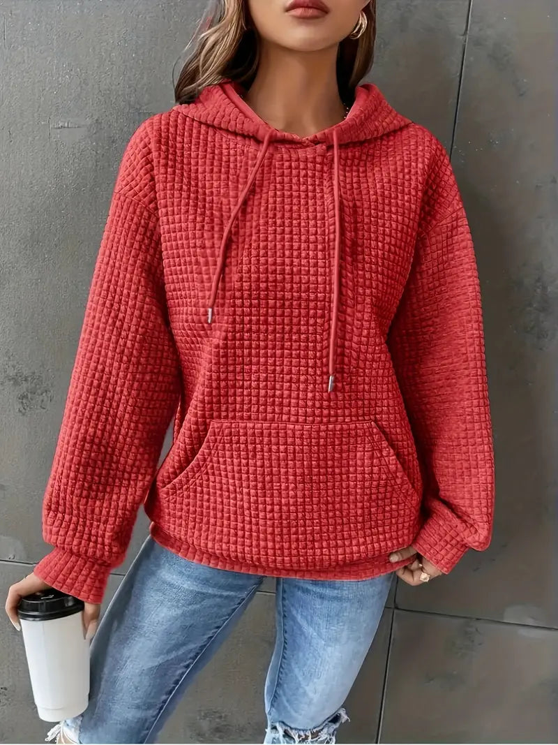 Kuscheliger Oversize-Hoodie aus Waffelstrick für Damen – Leuchtendes Rot, Langarm, Kapuze mit Kordelzug, Herbst/Winter