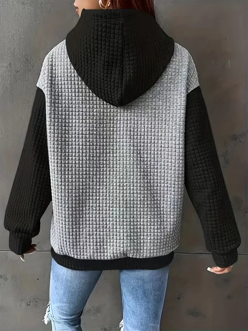 Kuscheliger Oversize-Hoodie aus Waffelstrick für Damen – Leuchtendes Rot, Langarm, Kapuze mit Kordelzug, Herbst/Winter