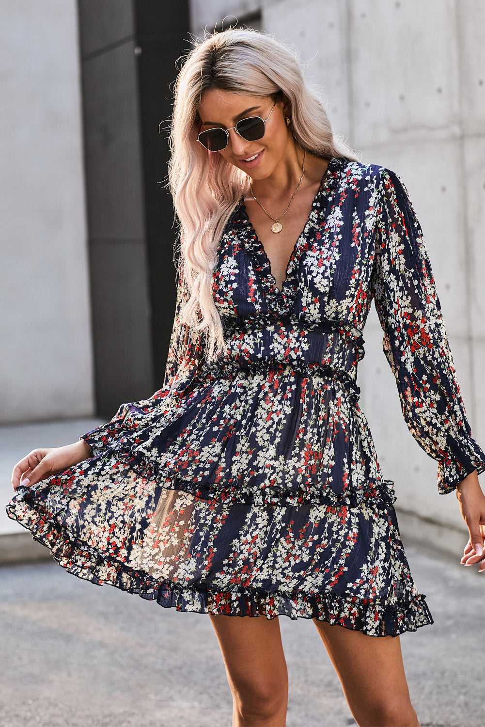 White Ruffle Detailing V-neck Open Back Floral Dress