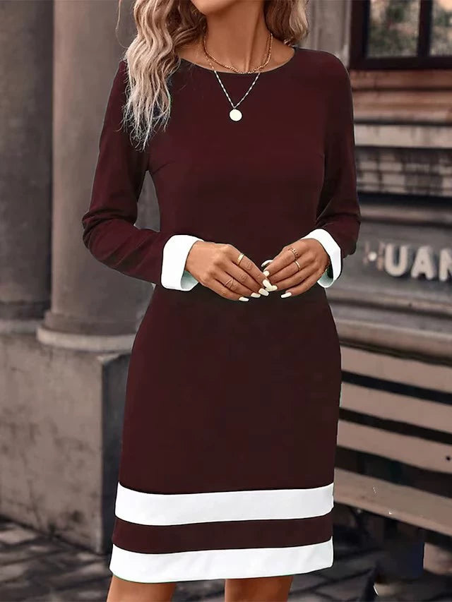 Striped Crew Neck Slim Fit Dress – Elegant Long Sleeve Outfit for Spring & Fall