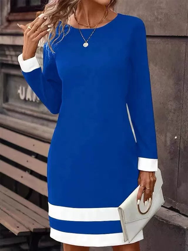 Striped Crew Neck Slim Fit Dress – Elegant Long Sleeve Outfit for Spring & Fall