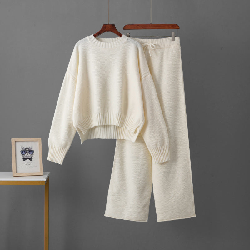 Damen-Set aus Strickpullover und Hose mit weitem Bein – lässig, langärmlig, einfarbig