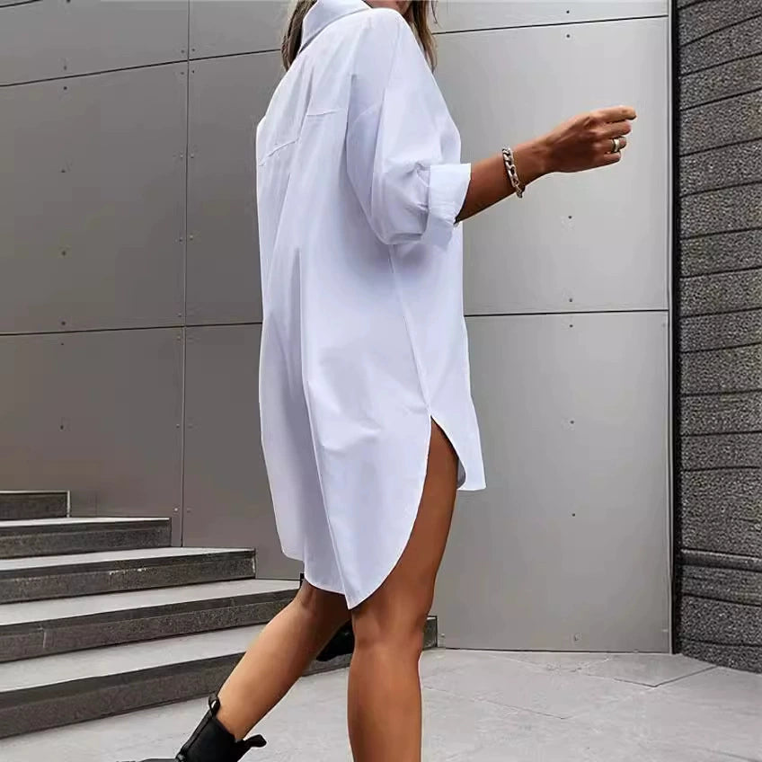 Solid Button Front Shirt Dress – Casual Long Sleeve Lapel Dress for Spring & Fall