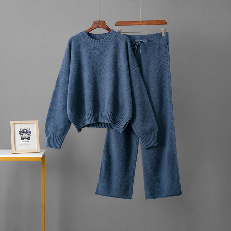 Damen-Set aus Strickpullover und Hose mit weitem Bein – lässig, langärmlig, einfarbig
