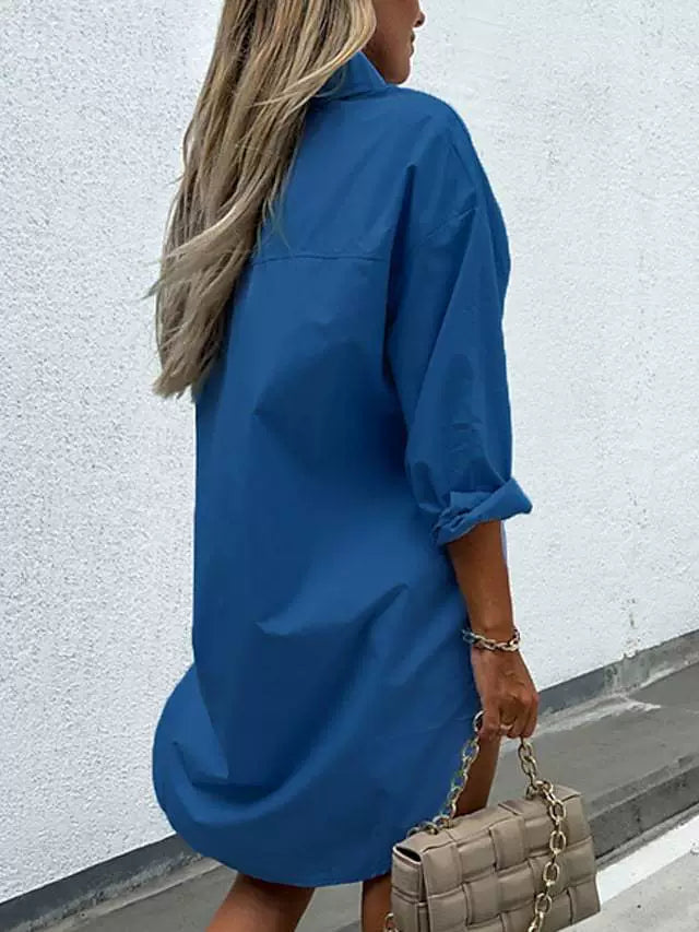 Solid Button Front Shirt Dress – Casual Long Sleeve Lapel Dress for Spring & Fall