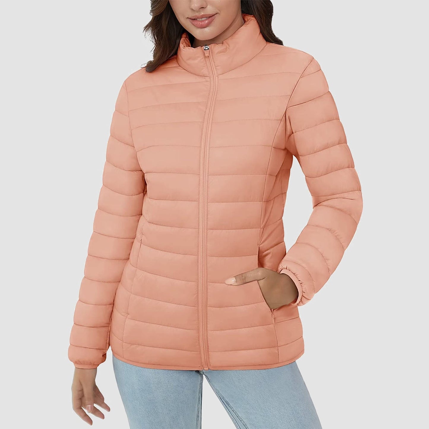 Women's Lightweight Puffer Jacket Stand Collar Full Zip Quilted Lined Winter Coat