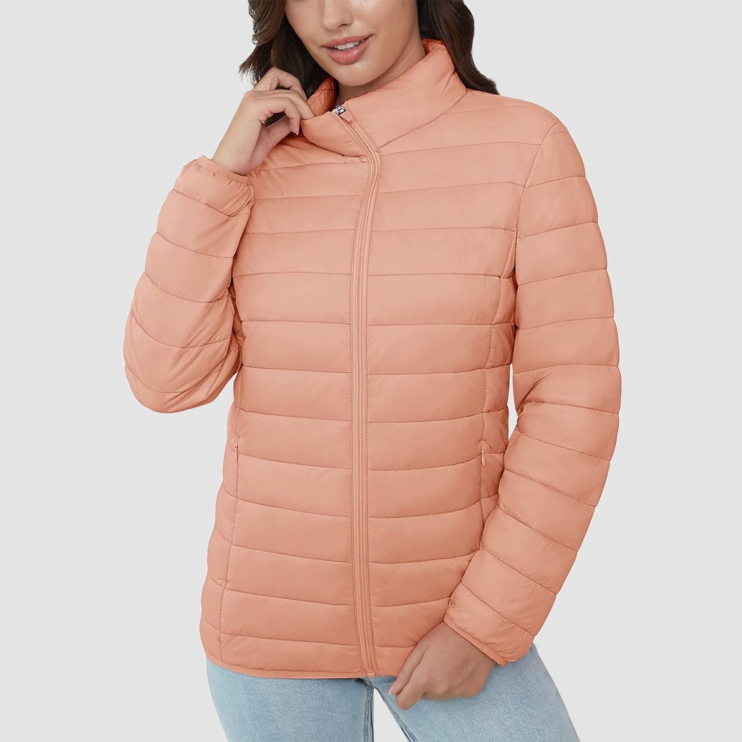 Women's Lightweight Puffer Jacket Stand Collar Full Zip Quilted Lined Winter Coat