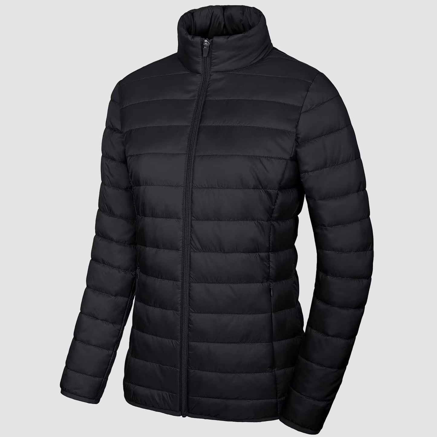 Women's Lightweight Puffer Jacket Stand Collar Full Zip Quilted Lined Winter Coat