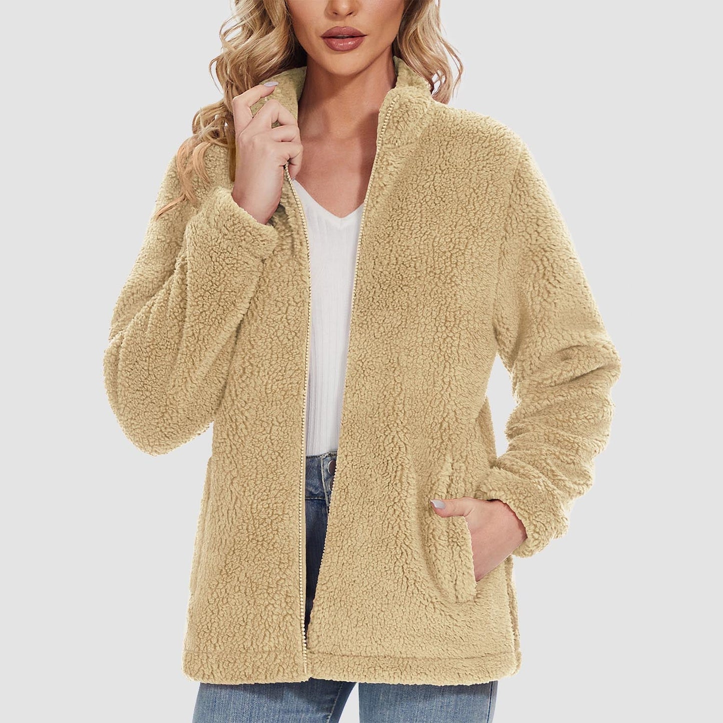 Women's Sherpa Jacket Full-Zip Fuzzy Fleece Teddy Casual Coats Zip Pockets Winter Warm Soft Jackets