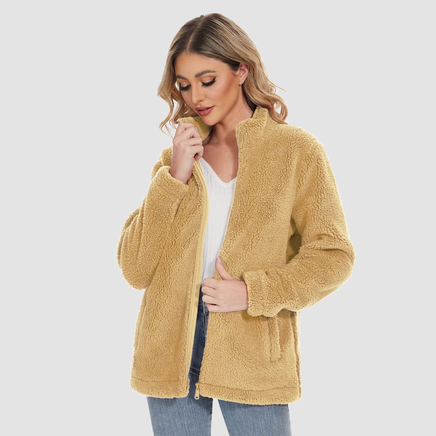 Women's Sherpa Jacket Full-Zip Fuzzy Fleece Teddy Casual Coats Zip Pockets Winter Warm Soft Jackets