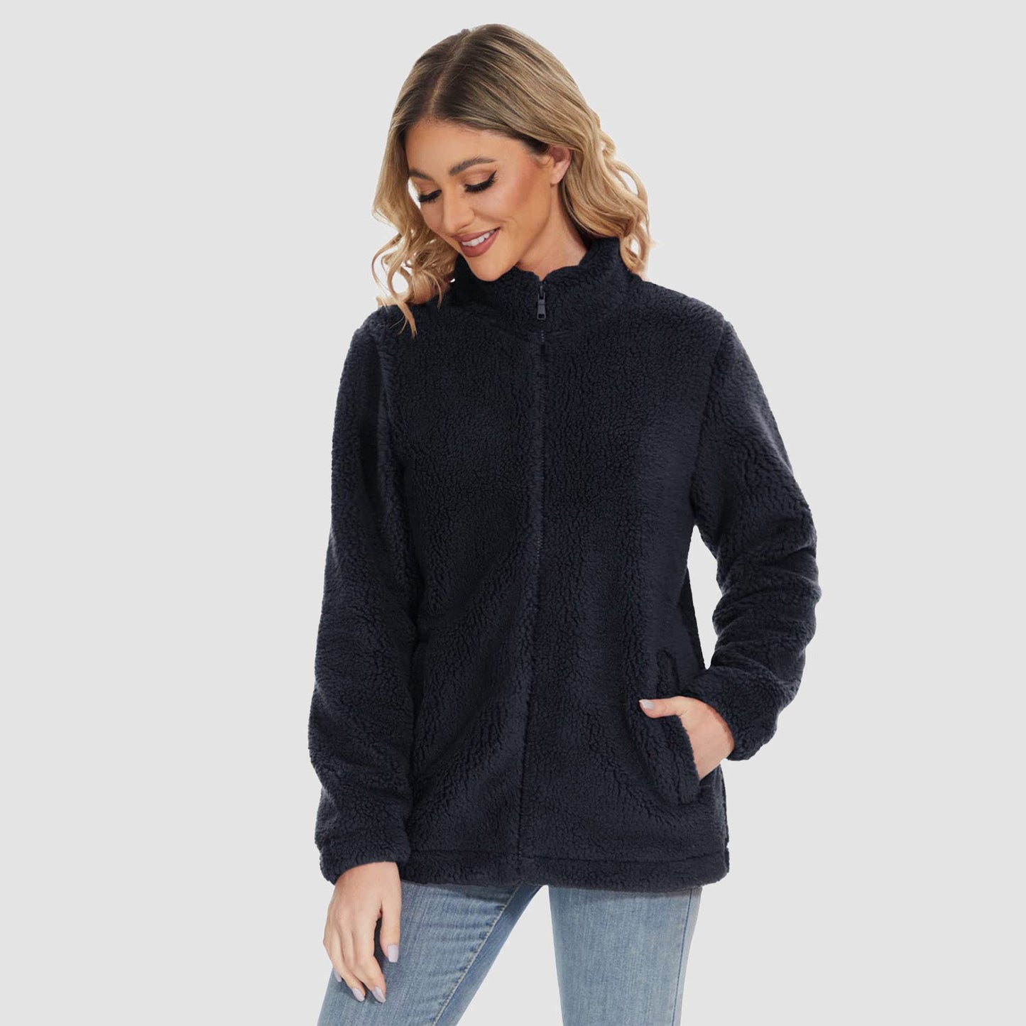 Women's Sherpa Jacket Full-Zip Fuzzy Fleece Teddy Casual Coats Zip Pockets Winter Warm Soft Jackets