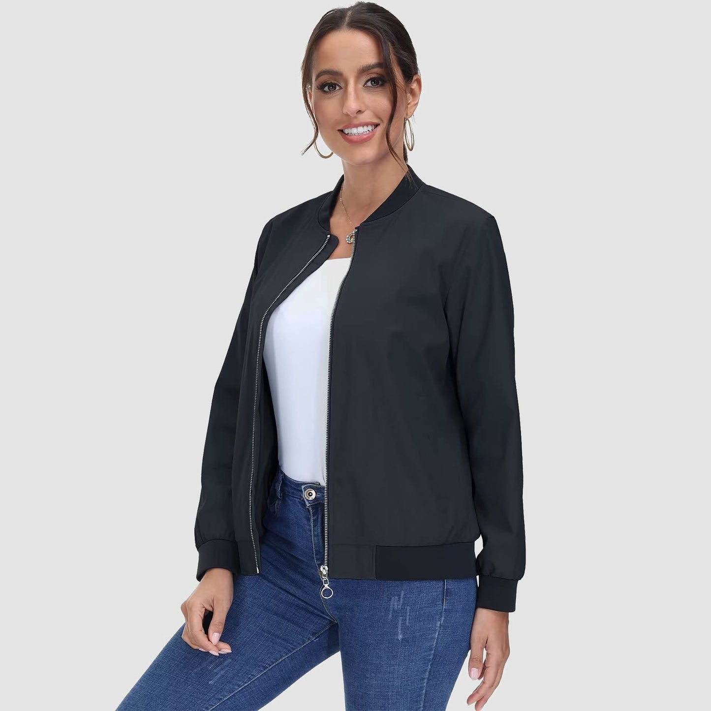 Women's Bomber Jacket Casual Zip Up Lightweight Coat Outerwear Windbreaker