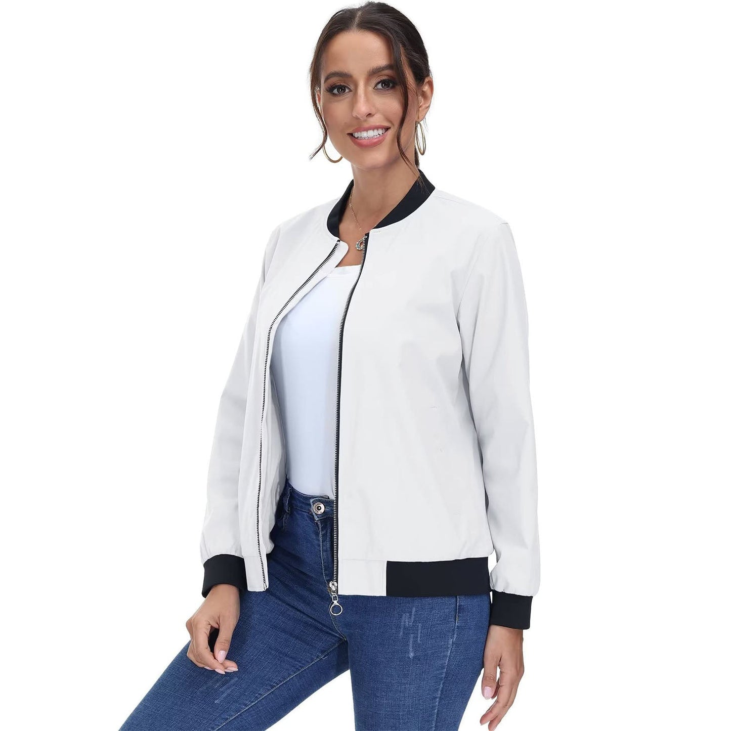 Women's Bomber Jacket Casual Zip Up Lightweight Coat Outerwear Windbreaker