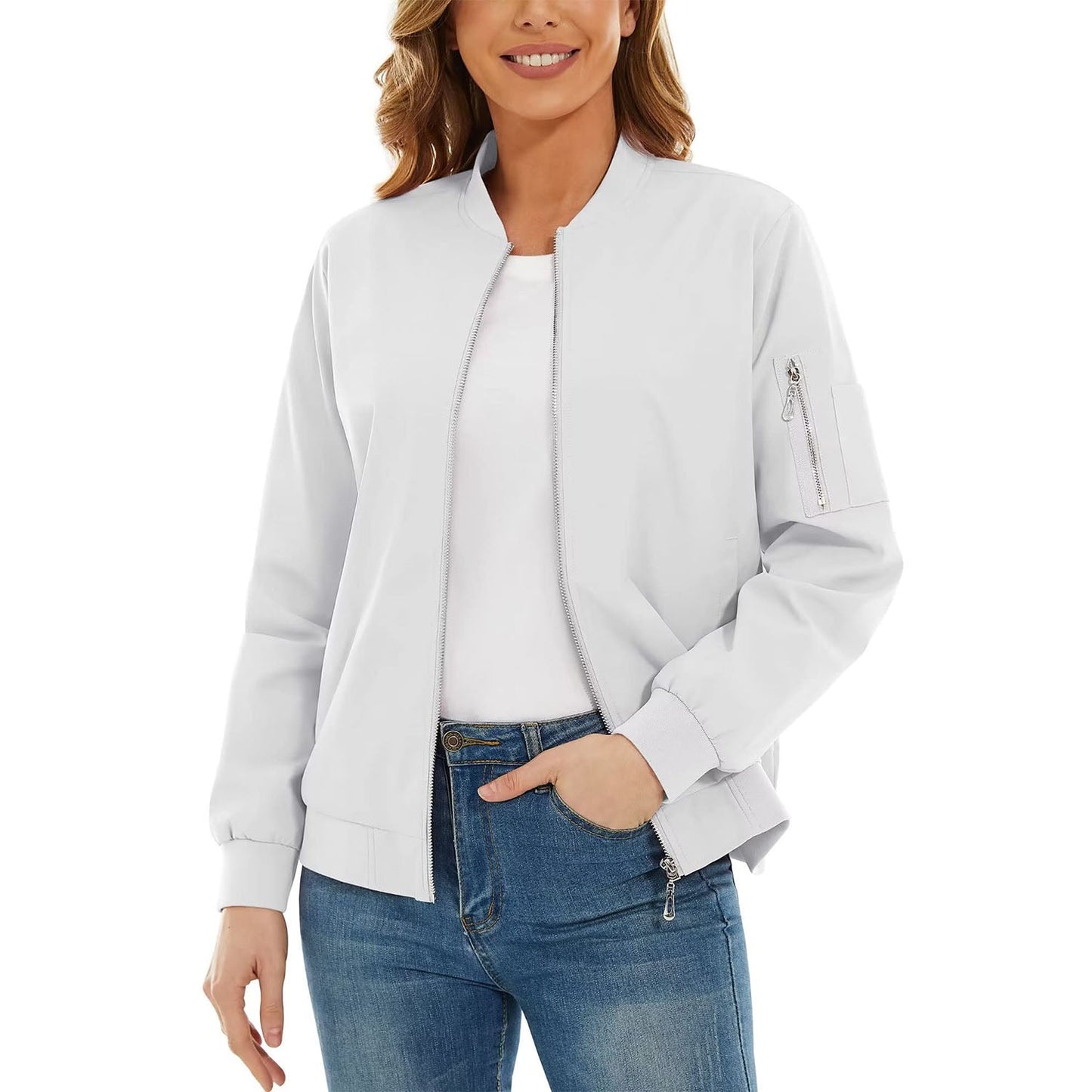 Women's Bomber Jackets Casual Jacket with 3 Pockets Spring Windbrealer Coat Fashion Outwear