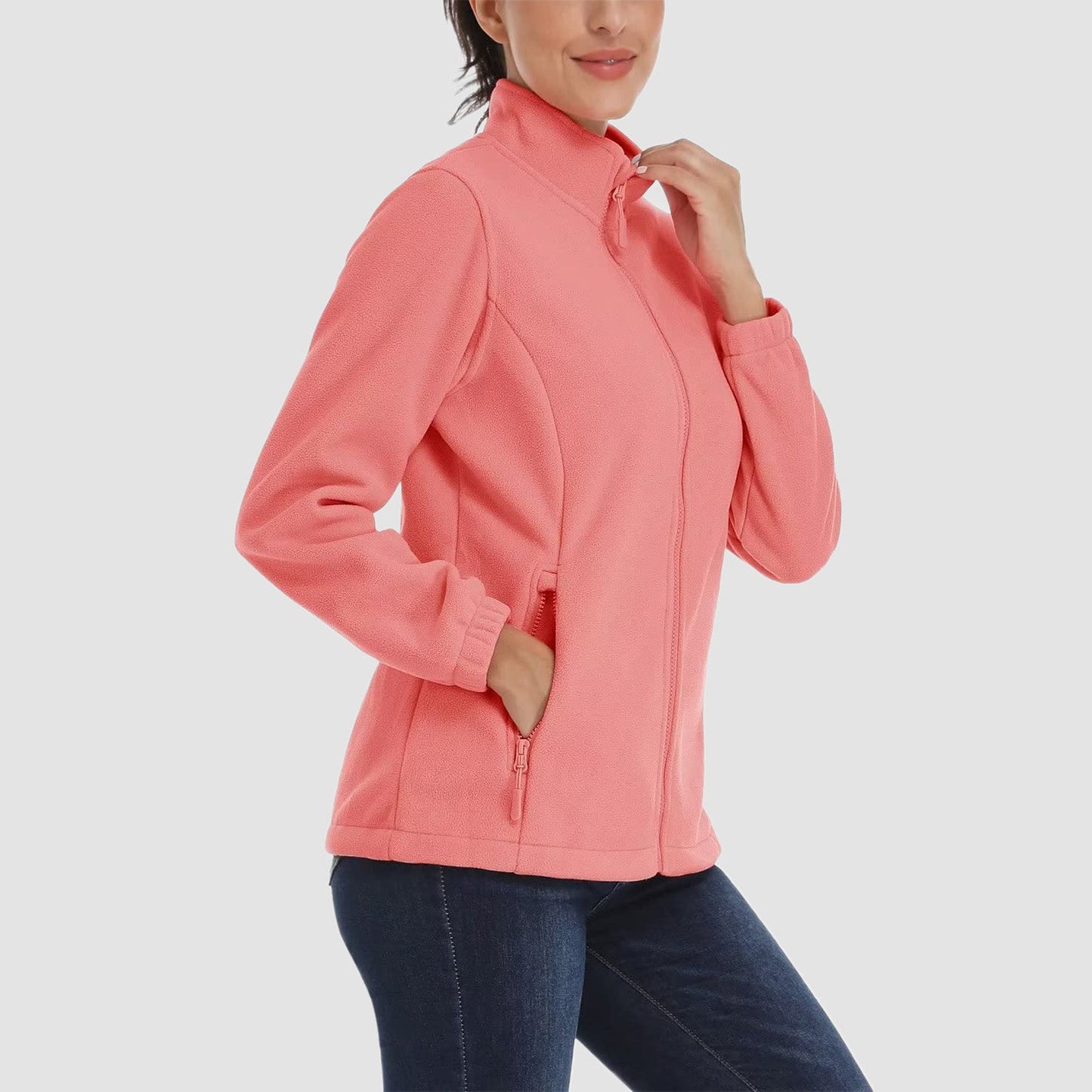 Jaqueta de lã feminina, macia, zíper completo, quente, manga comprida, com 2 bolsos com zíper, jaquetas de inverno