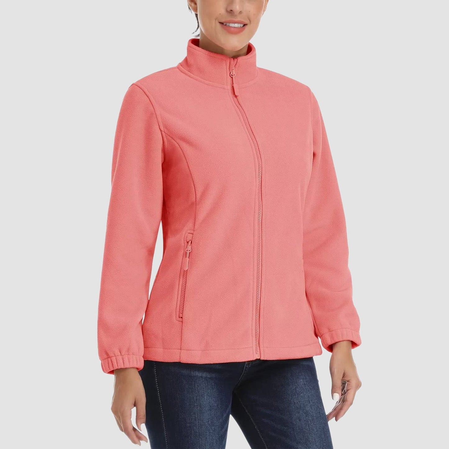 Jaqueta de lã feminina, macia, zíper completo, quente, manga comprida, com 2 bolsos com zíper, jaquetas de inverno