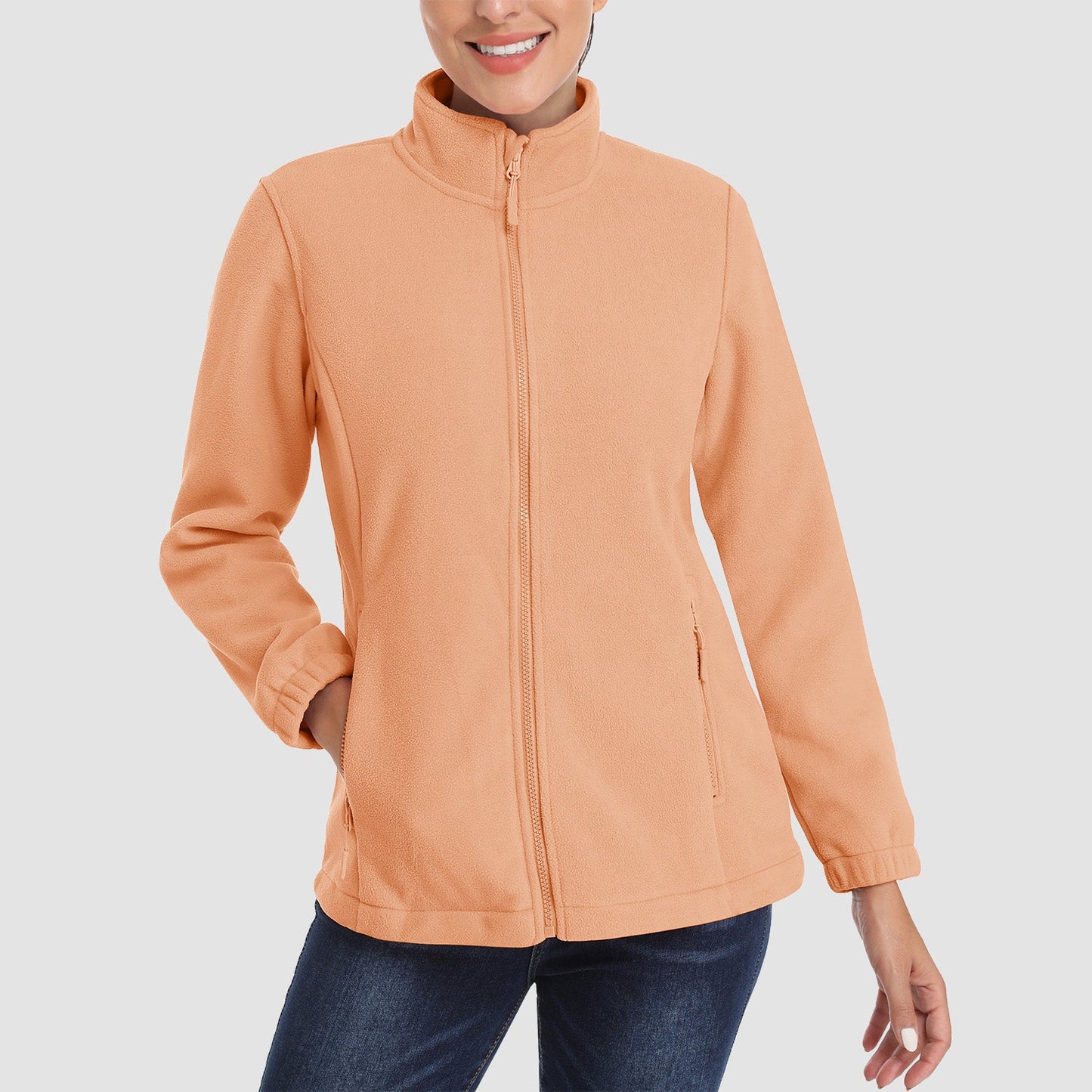 Jaqueta de lã feminina, macia, zíper completo, quente, manga comprida, com 2 bolsos com zíper, jaquetas de inverno