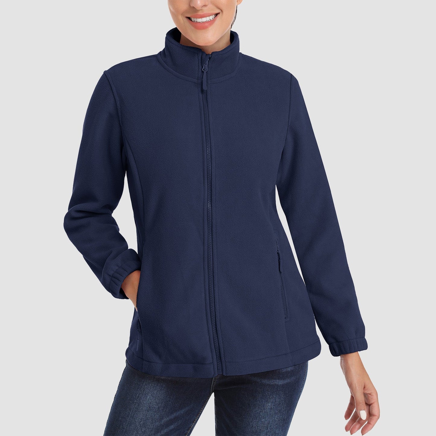 Jaqueta de lã feminina, macia, zíper completo, quente, manga comprida, com 2 bolsos com zíper, jaquetas de inverno