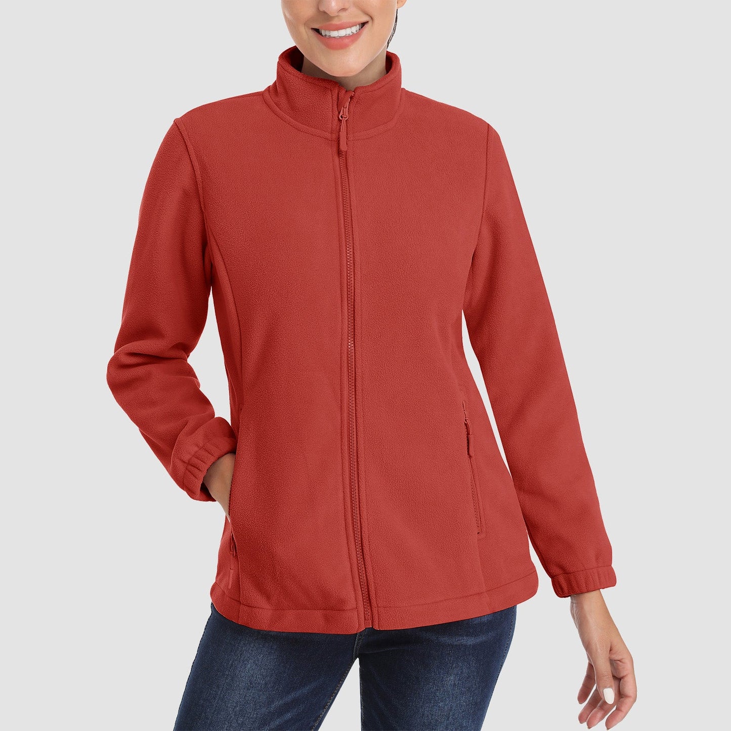 Jaqueta de lã feminina, macia, zíper completo, quente, manga comprida, com 2 bolsos com zíper, jaquetas de inverno