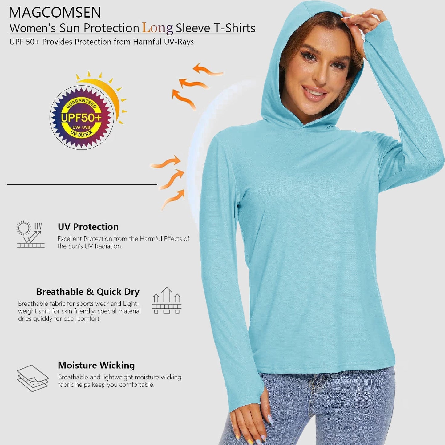 Women's Mint Hoodie Shirts UPF 50+ Sun Protection Long Sleeve UV Shirt Fishing Hiking Athletic Shirts with Thumb Hole